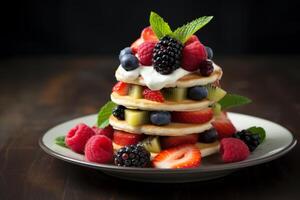 AI generated A stack of mini pancakes with fresh fruit toppings. Generative AI photo