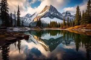 ai generado el belleza de un montaña reflejado en un calma estanque. generativo ai foto