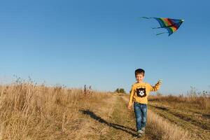 Happy child playing with a kite while running on meadow, sunset, in summer day. Funny time with family. Little boy launch a kite. photo