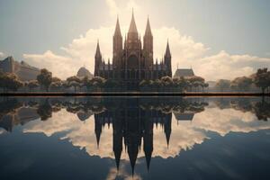 ai generado un simétrico reflexión de un histórico catedral reflejado en un sereno río. generativo ai foto