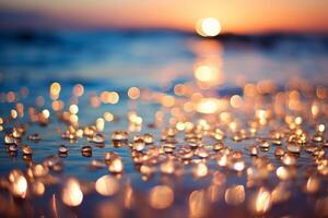 ai generado agua gotas brillante en un arenoso playa. generativo ai foto