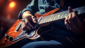 ai generado de cerca de un del guitarrista dedos jugando un fascinante guitarra solo. generativo ai foto