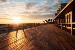 AI generated A beachfront boardwalk bathed in morning light. Generative AI photo