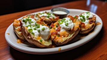 AI generated Plate of greasy and decadent loaded potato skins. Generative AI photo