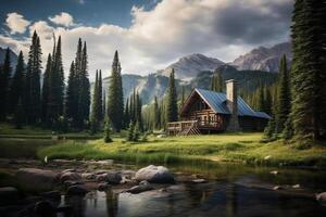 AI generated Rustic cabin nestled in a picturesque landscape. Generative AI photo