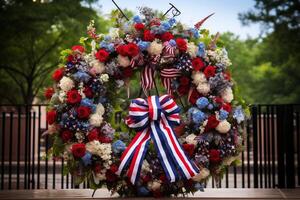 AI generated A Patriot Day memorial adorned with wreaths, ribbons, and an American flag background. Generative AI photo