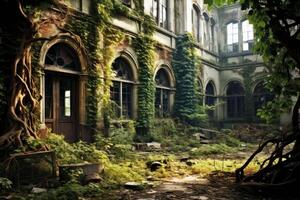 AI generated Abandoned asylum with broken windows and overgrown vines photo