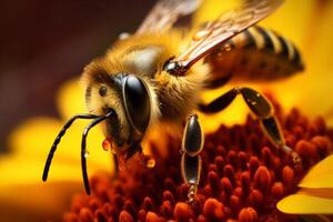 ai generado un extremo de cerca de un abeja coleccionar polen desde un flor. generativo ai foto