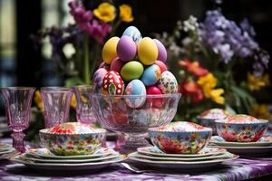 AI generated A table adorned with Easter egg decorations. Generative AI photo