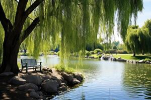 AI generated Peaceful pond surrounded by weeping willow trees. Generative AI photo