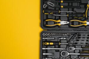 Box with set of tools for car repair, closeup. photo