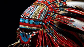 AI generated Intricate beadwork on a traditional headdress. Generative AI photo