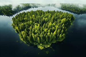 AI generated Aerial perspective of a pristine forest with a serene, reflective lake. Generative AI photo