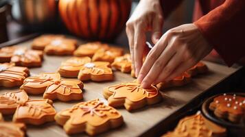 AI generated Close-up of a person's hands making pumpkin-shaped sugar cookies. Generative AI photo