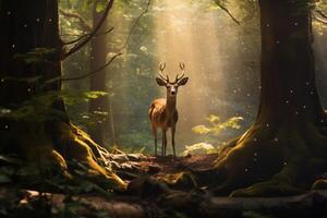 AI generated Playful deer among the trees in a peaceful forest. Generative AI photo