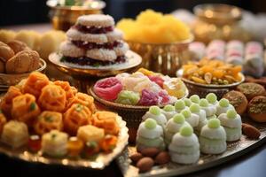 AI generated A close-up of delicious Eid sweets and treats. Generative AI photo