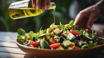 AI generated Close-up of a person's hand pouring olive oil into a salad. Generative AI photo