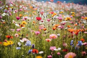 ai generado delicado flores silvestres creando un vistoso alfombra en un prado. generativo ai foto