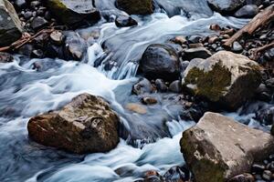 ai generado un de cerca de un montaña corriente cascada terminado rocas generativo ai foto