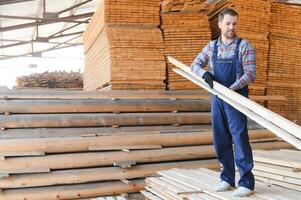 Timber harvesting for construction. Carpenter stacks boards. Industrial background. Authentic workflow photo