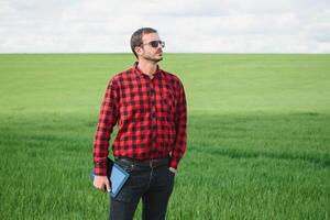 Smiling happy young farmer or agronomist using a tablet in a wheat field. Wide angle panoramic photo. Organic farming and healthy food production photo