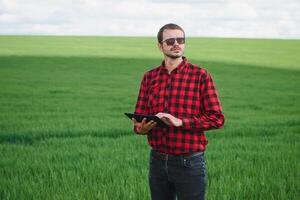 granjero en rojo comprobado camisa utilizando tableta en trigo campo. aplicando moderno tecnología y aplicaciones en agricultura. concepto de inteligente agricultura y agroindustria foto