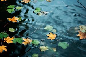 AI generated Leaves floating on the surface of a calm pond. Generative AI photo