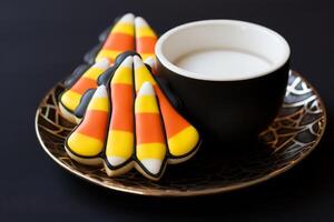 AI generated A candy corn and cauldron Halloween cookie. Generative AI photo