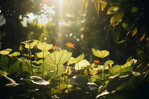 AI generated Sunlight filtering through leaves in a botanical garden. Generative AI photo