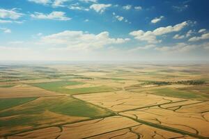 ai generado aéreo ver de tierras de cultivo debajo un claro azul cielo antecedentes. generativo ai foto