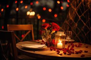 AI generated A close-up of a candlelit outdoor dinner. Generative AI photo