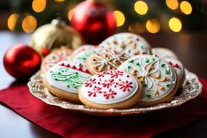 AI generated A plate of sugar cookies shaped like holiday ornaments. Generative AI photo