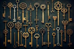 AI generated A collection of vintage keys of various shapes and sizes. Generative AI photo