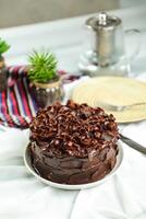 chocolate Dulce de azúcar pastel servido en comida mesa parte superior ver café hornear postre foto