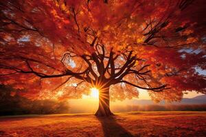 AI generated A captivating shot of sunlight filtering through the colorful leaves of a tree. Generative AI photo
