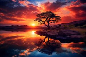 AI generated Vibrant sunset casting warm hues over a serene natural landscape. Generative AI photo
