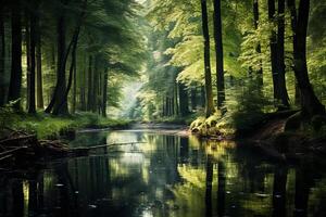 ai generado reflexión de un tranquilo bosque en un calma río. generativo ai foto