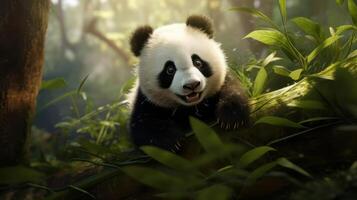 ai generado un panda oso sentado en parte superior de un lozano verde bosque. generativo ai foto