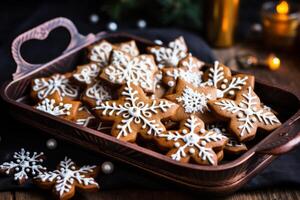 AI generated A tray of festive gingerbread cookies with icing. Generative AI photo