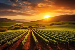AI generated Rolling vineyards with neat rows of grapevines under a warm sunset. Generative AI photo