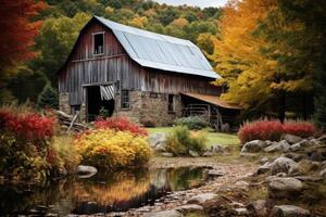 AI generated Rustic barn surrounded by colorful foliage. Generative AI photo