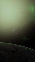 a large cluster of asteroids near an unknown planet, vertical video