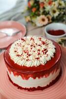 Premium Red Velvet cake include cream, sugar served on board isolated on napkin side view of cafe food photo