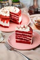 Premium Red Velvet cake and slice include cream, sugar with fork, cup of coffee and pot served on board isolated on napkin side view of cafe food photo