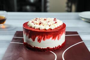 Premium Red Velvet cake include cream, sugar served on board isolated on napkin side view of cafe food photo