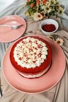 Premium Red Velvet cake include cream, sugar served on board isolated on napkin side view of cafe food photo