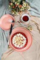 Premium Red Velvet cake include cream, sugar served on board isolated on napkin top view of cafe food photo