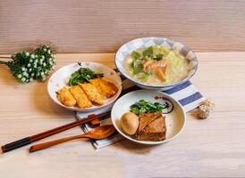 clasificado comida frito pollo chuleta, frito tofu, cocido a fuego lento huevo, calamar sopa servido en plato aislado en mesa parte superior ver de Taiwán comida foto