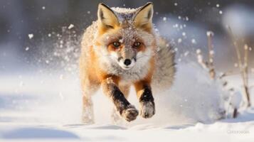 ai generado un rojo zorro corriendo mediante el nieve. generativo ai foto