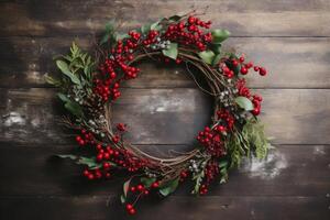 AI generated Christmas holiday wreath-making flatlay with greenery, berries, and a wreath form. Generative AI photo